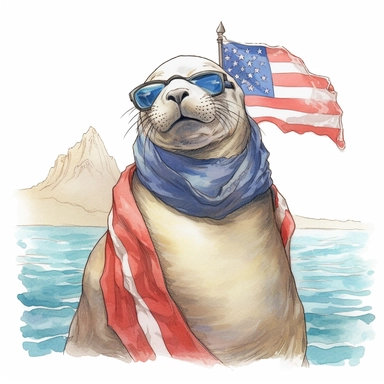 a playful California sea lion with rocky shoreline, wears American flag scarf and sunglasses, Western coastal waters, colorful ink wash paintings, anime-inspired character designs, hyper-realistic animal illustrations, 2d game art, quadratura, clipart, on