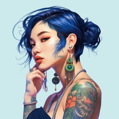 asian girl aesthetics, clipart, high detail, cool, Large hoop earrings, blue short hair, Tattoos (dragons), long lashes, Coffin nails, Tube tops, Baggy sweatpants, Shiny lipstick, Digital Art, Color Grading, Full-HD, OpenGL-Shaders, white background