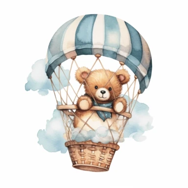 cute Teddy Bear in a hot air balloon in the clouds, clipart, watercolor, white background