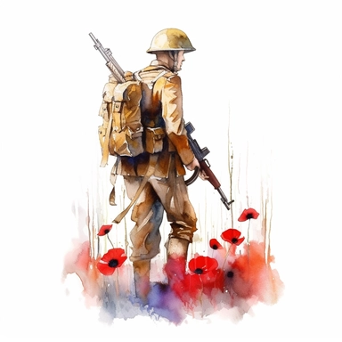 watercolor Canadian soldier during World War 1 In Flanders Fields, clipart, big poppy watercolor flowers, white background