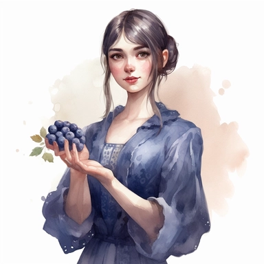 a watercolor of a girl holding a boul of blueberries , victorian style blueberry academy, blueberry purple nuances, vector free clipart illustration, in the style of unreal engine 5, 32k uhd, detailed features, white background
