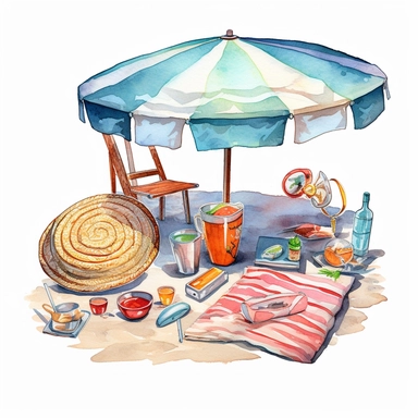 watercolor, hyper realistic, white background, white margins, 16k, ultra detailed clipart, cut out image, hand-drawn, whimsical manhwa style, ultra HD, sharp and clean art a surfboard, beach towel, seashells, sunglasses, beach umbrella, and a tropical drink on beach
