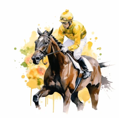 race horse, with jockey, with yellow flowers water color, white backhround, clipart