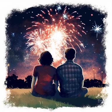 couple watching Fourth of July fireworks, sitting on blanket on grass, clipart, watercolor style, defined edges, black background