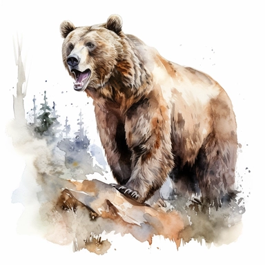 a detailed and realistic watercolor painting of a Grizzly Bear in the wild, clipart, white background