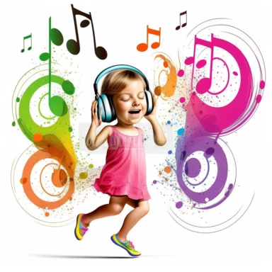 a 4 year old happy girl with clear face wearing colourful frock listening to music and dancing, with 2-3 music symbols entering to the girl ears in 3d clipart with white background
