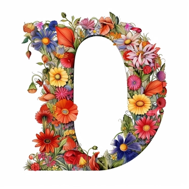 A digital illustration of the flower alphabet clipart for the letter O featuring a vibrant and whimsical style reminiscent of the works of Beatrix Potter. The letter O is creatively formed by a variety of colorful and intricate flowers, each with its own unique shape and petal arrangement. Against a clean white background, the floral O stands out prominently, exuding a sense of elegance and natural beauty. Soft, diffused lighting ensures that every detail of the flowers is showcased with clarity