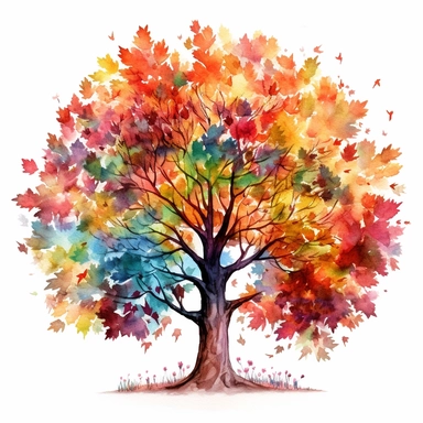 a whimsical watercolor clipart image of a majestic tree with intricate branches and vibrant foliage, each leaf uniquely detailed and bursting with colors that evoke the changing seasons.