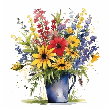Watercolour Meadow-Inspired bouquet Extra large, Create a meadow-inspired arrangement by combining native UK and American flowers that bloom in meadows, Mix cowslips, cornflowers, and red campions from the UK with black-eyed Susans, goldenrods, and butterfly weeds from Americaplanted in a Metal wheelbarrow watercolour flower arrangement, clipart, vector, intermingled with greenery, white background, no captions, no vase, flower bed setting, aspect 2:2 repeat 5
