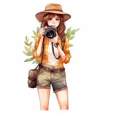 Cute adventurest female photographer with a camera, Cute and sunny outfit, Watercolor style, clipart solid white background