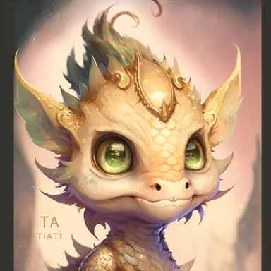 a watercolor painting of a Tiny cute adorable baby dragon looking directly into the camera and slightly smiling, dragon has little braid of hair in the centre, gold color, watercolor painted effect skin, intricate details, glass eyes, skip has watercolor painting effect, soft cinematic lighting, 8k, portrait, Pixar style character, pokemon anime style octane render, upper body only, inspired by Hanns Katz, logo, pastel colors, liquid cooled, 70's, clipart, chill out, retro, full body, white back
