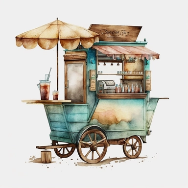 watercolour American style wooden coffee cart,beautifully deatailed American style coffee cart,png image,high resolution,300 dpi,graphic clipart,computer graphics