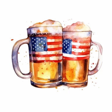 High resolution, Paint a watercolor illustration of two beer mugs clinking together in a toast, american flag backdrop, watercolor clipart, white background for removing background