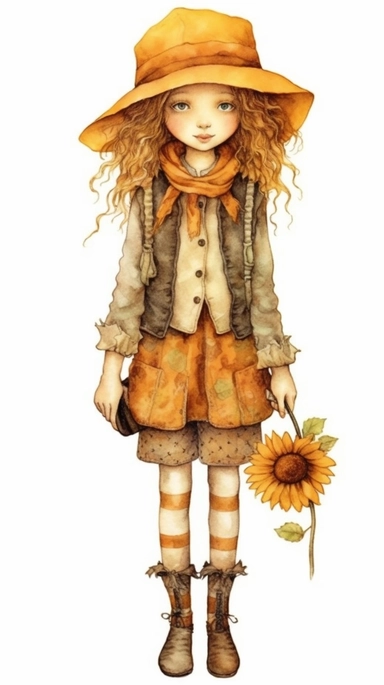 paper doll, sunflower country girl, full body vintage watercolor, I can't believe how beautiful this is, holly hobbie and nicoletta ceccoli clipart on white background