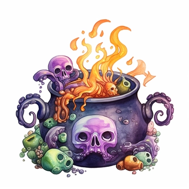 hand drawn black cauldron with bubbling potion, large bone in the cauldron, an octopus tentacle coming out of cauldron and hanging on the side, Halloween, purple orange and green shades, fantasy, glamorous, clipart style, detailed and realistic, watercolor, white background with margins