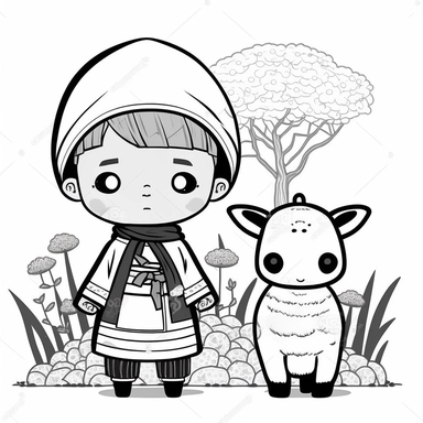 a boy, simple, traditional costume, local food, and animal,educational, history, and cultural diversity, clipart style, cute, picture book style, captivating, kid friendly cute character, black and white, coloring book, not color style, cartoon style, vector image, simple, line art style, character, white background