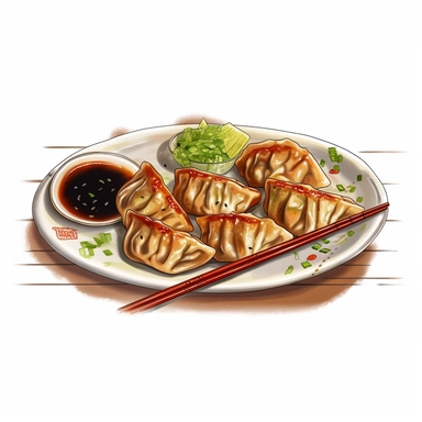 Envision a clipart showcasing gyoza, the famous Japanese dumplings. With a golden, crisp underside and pleated tops, they look irresistible. The hand-painted style clipart perfectly depicts the appetizing appearance of these dumplings, complete with a small bowl of dipping sauce. The whole scene is displayed against a pristine white background to make the colors pop.