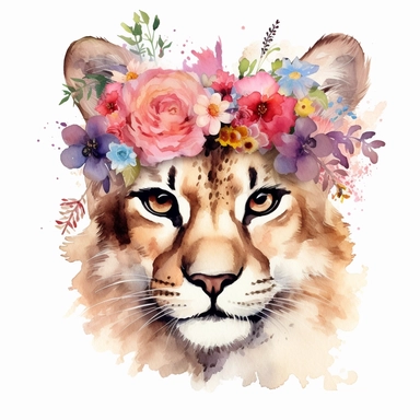 isolated clipart, cute big cat with flowers on its head, highly realistic, flickr, watercolorist, uhd image, multi-layered mixed media