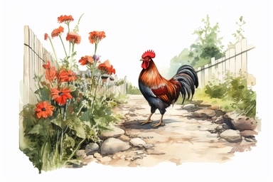 picturesque scene, watercolor and ink style, a rooster on a garden path lined with clay potted red spring flowers, clipart on plain white background, nature vibes, super high detail ultra precision 16k HD, clean crisp brushwork, painted by Beatrix Potter