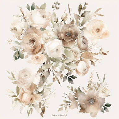 Create a collection of exquisitely detailed watercolor floral clipart, featuring neutral-toned flowers and premade bouquets. The flowers should showcase a range of neutral hues, including soft whites, creams, beiges, and subtle blush tones. Incorporate a variety of floral elements such as roses, peonies, hydrangeas, and other delicate blooms, each with intricate petal details and realistic textures. Design premade bouquets that effortlessly combine these neutral florals into elegant arrangements