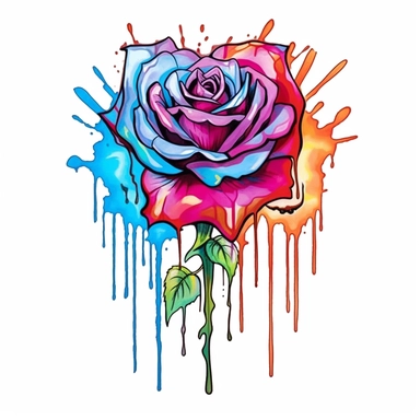 tattoo design of rose flower color art watercolor drip in transparent overlay, in the style of vibrant spectrum colors, white background, color gradients, chalk art, whimsical yet eerie animal symbolism, vibrant murals, hand-coloring watercolor clipart, white background