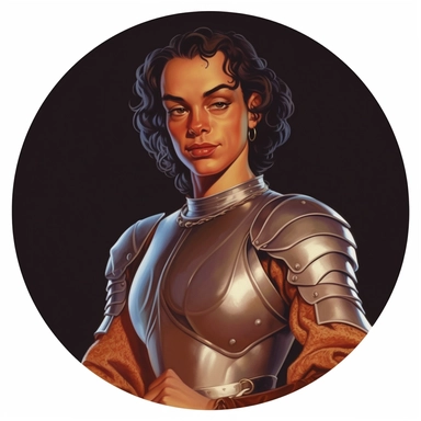 Arthur Sarnoff's character portrait circular tondo depicting a dark-skinned female uniformed fantasy knight, Boris Vallejo Mike Allred Josh Kirby, clipart illustration, circular solid background circular border
