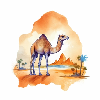 Cute camel in desert back side on sunset sublimation, summer time, watercolor, clipart, illustration, digital art, for tshirt, simple design, clean, highly detailed, 8k, white background