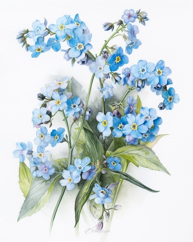 Watercolor Painting of Forget-Me-Not FLOWERS on white background beautiful multi - headed pale, Flora Design Patterns, Flemish Baroque by Rachel Ruysch, Behance, Rococo, Intricate Detailed, Soft Light Effect, Oil Paint Strokes, Light Academia Aesthetic Flowers, Lighting cinematic, all shown shimmering stamens, tyndall light, light effect, texture, colorful, 8k, fantasy, ray tracing, depth of field, vivid, spectacular lighting, octane rendering, highly detailed, ultra - realistic, white backgroun