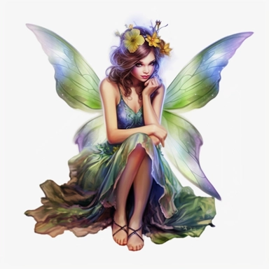 cartoon woman dressed as a fairy with wings and matching dress, kneeling, eyes focused on camera, full body, colors of green purple gold and blue, glamorous realistic and detailed, watercolor, white background with margins, clipart style