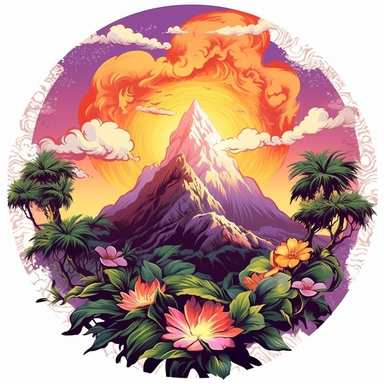 volcano erupting, close up, a sticker, artwork of t shirt graphic of majestic forest, in digital painting style , beautiful flowers, sunset mountains and clouds , big vines, stone temple covered in vines, white background, colorful fantasy flower surround, highly detailed clean, vector image, photorealistic masterpiece, professional photography, realistic, flat white background, isometric, vibrant vector, clipart, illustration, realism, 4k, , cinematic, front view, white background, paradise, ex