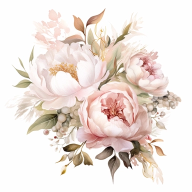 dusty pink and white flowers, peonies, austin roses, big blooms, with muted green whispy foliage with gold flicks, elegant and beautiful floral clipart for wedding invitations, delicate, watercolor, oil painting, defined edge on white background