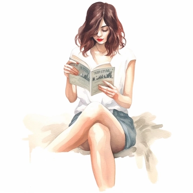 girl reading, legs crossed, pastel colors, light watercolor, few details, dreamy, Studio Ghibli, clipart, white background