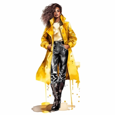 fashionable Black woman wearing a statement coat and knee-high boots, water color style, clipart, white background