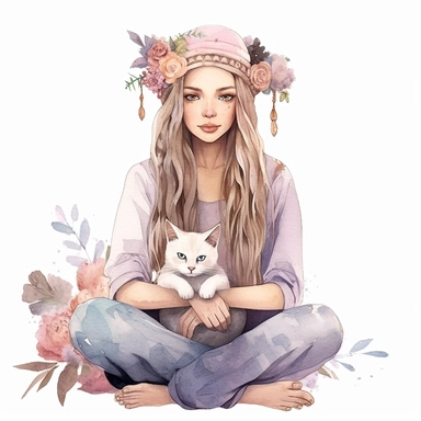 A boho style realistic cute boho girl sitting with a cute white cat at the boho style room with watercolor effect, boho style tools, details, boho colors, suitable for digital clipart, white background, pink boho flowers, realistic features