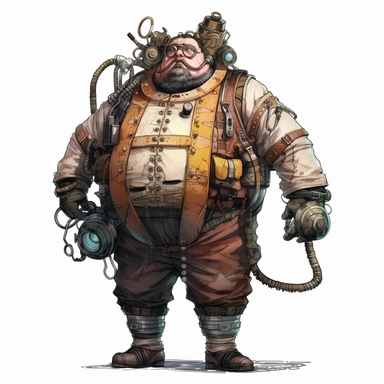 Steampunk fat MAN full body Clipart, on a white background, cyberpunk color