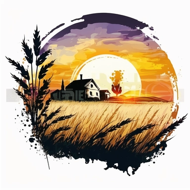 A clipart, A field of wheat crops with a country sunset in the background and a farmhouse, only one clipart, white background, vibrant colors, cartoon,style ghibli, hand drawn, watercolor