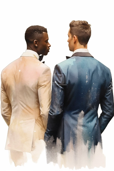 watercolor portrait illustration of dark-skinned groom with dark-skinned best man clipart, view of the back, zoomed in close view, in style of Michiel van Huysum, subtle faded color variations, hyper-detailed hd watercolor clipart, on white background, spaced out