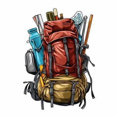 comping backpack , backback full of the hiking stuff, backpack clip art, white background