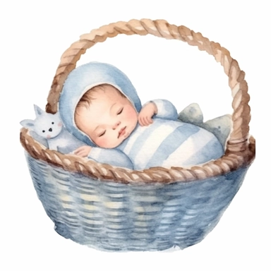 watercolor clipart, minimal, cute newborn baby sleeping in a basket, pastel blue color, white background illustration