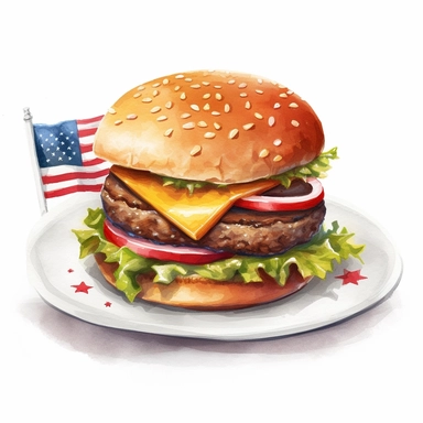 cheeseburger on a plate with Patriotic 4th of july flag, illustration clipart, high detailed, white background, digital art, watercolor , 8k