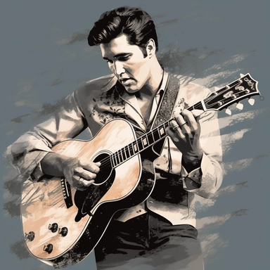 portrait view, full view, beautiful image of Elvis Presley with guitar and microphone, romantic, fantasy, sharp focus, high detail, 8k illustration clipart style, transparent background, (--iw 8)