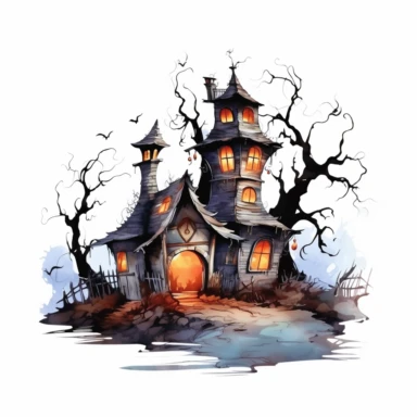 watercolor style, spooky halloween haunted house graveyard in front clipart, haunted house decorated in creepy Halloween style decor jack o lanterns, whimsical Halloween witch house, isolated on white background, 4K, creepy
