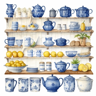 watercolor, hyper realistic, white background, white margins, 16k, ultra detailed clipart, cut out image, hand-drawn a kitchen cabinet with white cups and pots on it, in the style of charming illustrations, azure, pastoral nostalgia, raw materials, light yellow and dark blue, fujifilm natura 1600, windows vista