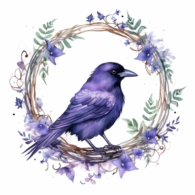 a cute fluffy fat raven on a branch, wreath, in a circle, clipart, white background, watercolor, Art Nouveau, highly detailed