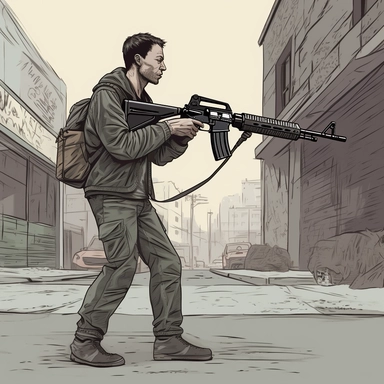 a full body portrait of a man holding his M16 rifle and shoot fire to the side,in a poor street+aims his weapon up +side view+dark color tones+ vintage drawing style ,clipart drawing,clipart image,high definition drawing,clean colors,balanced colors,detailed drawing,ratito 16:9 , aspects : high 1920 + width 1080