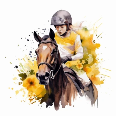 ace horse, with jockey, with yellow flowers water color, white backhround, clipart