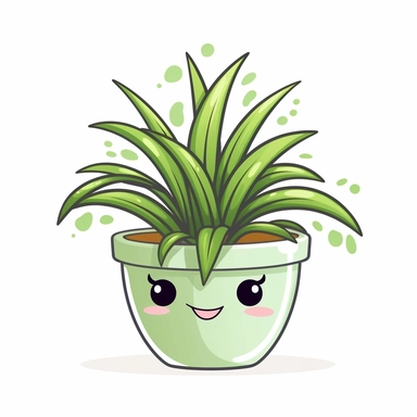 cute clipart icon of spider plant, Chlorophytum comosum, green and white leaves, smiling face inside the pot, kawaii, anime style, in white background, soft color blending, rounded
