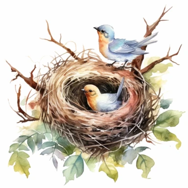 Watercolor Bird Nest with bird Clipart, white background