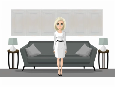 frontal view of woman with blond hair standing beside a grey sofa, white dress, black shoes, white wall in background, carpet on floor, table, clipart illustration, vector image, flat colors, on white background, isolated on white background