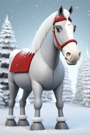 no text, winter wonderland background with snow and snowflakes, 3d whole body clipart of a smiling, friendly horse, wearing a santa clause hat, christmas vibes, cartoon network style, friendly face, head unproportionally bigger than body, detailed body shape, front shot, insanely big shiny eyes, caricatured face, insanely glossy, plastic like fur and skin, unrealistic, 8k photography, cinematic, super cute face, Photography, Ultra-Wide Angle, Depth of Field, hyper-detailed, beautifully color-cod